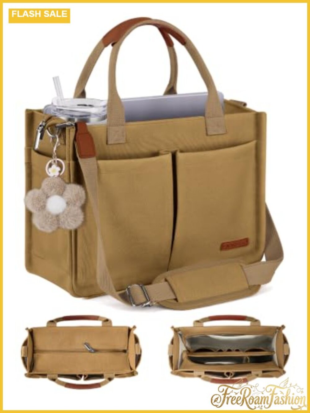 FIORETTO Canvas Tote Bag with Compartments Zipper Top Trolley Sleeve